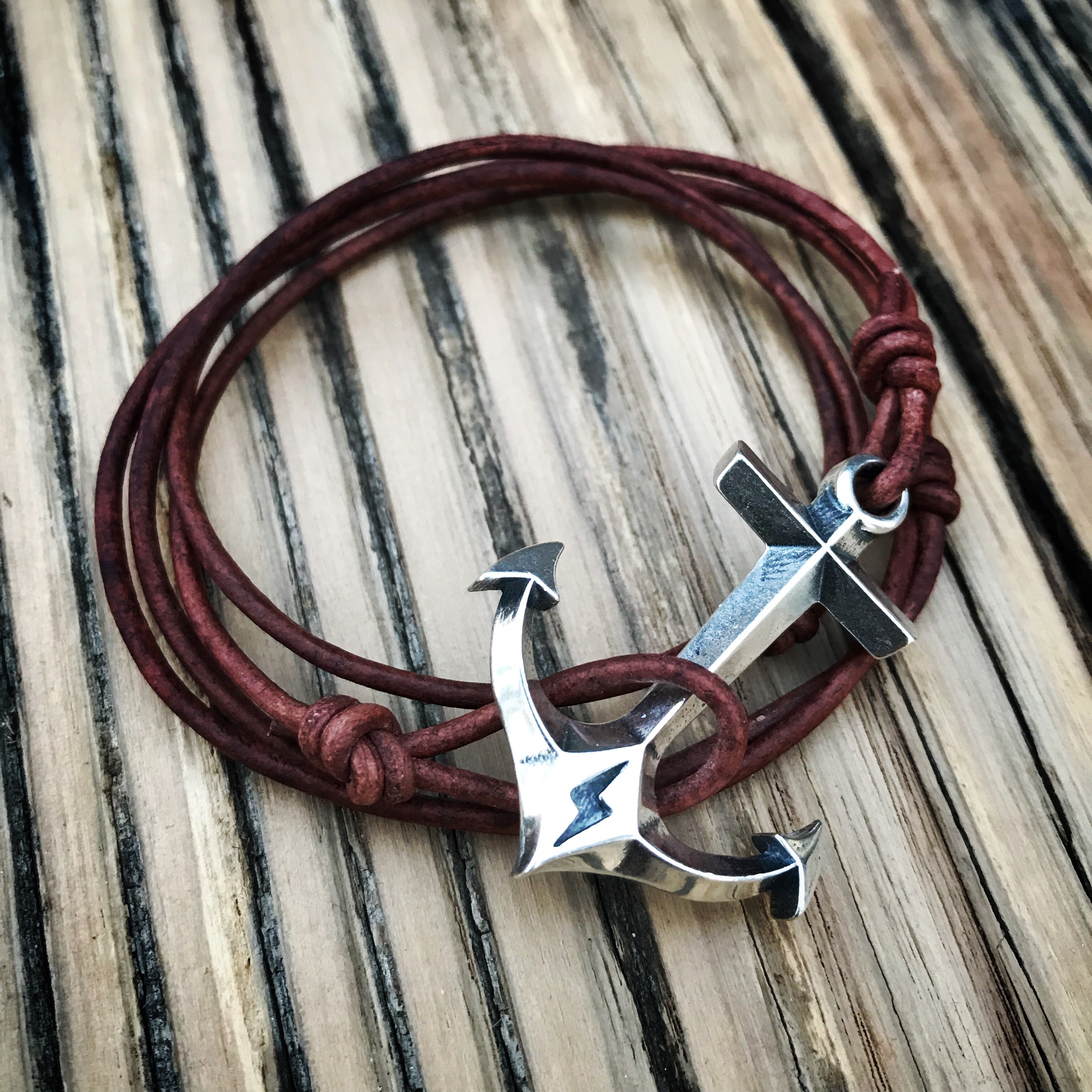 STRENGTH Hold Fast Anchor Bracelet - Sterling Silver on Leather Cord