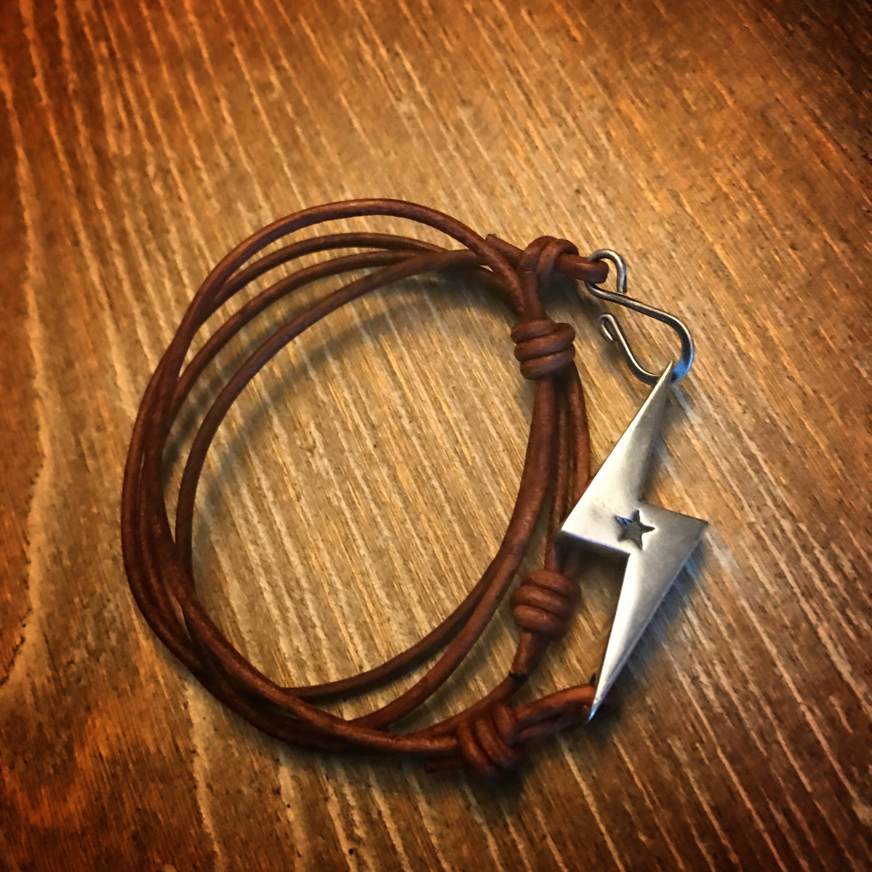 STRENGTH Lightning Bolt Bracelet - Sterling Silver on Leather Cord